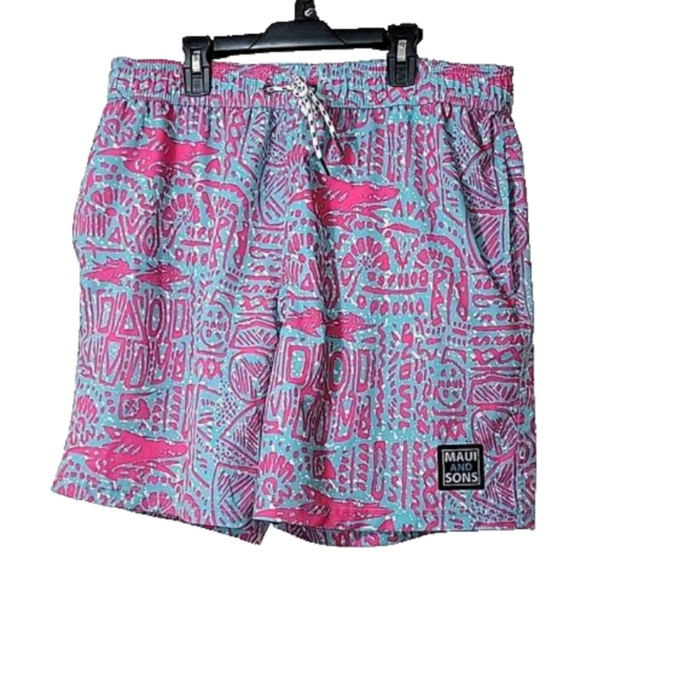 MAUI AND SONS swim trunks Size XL, teal and hot pink hieroglyphics print sharks